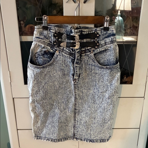 JeanTonic Sportswear jr sz 5/6 Vintage Denim Belted Skirt Acid Washed euc 80’s - Picture 1 of 11